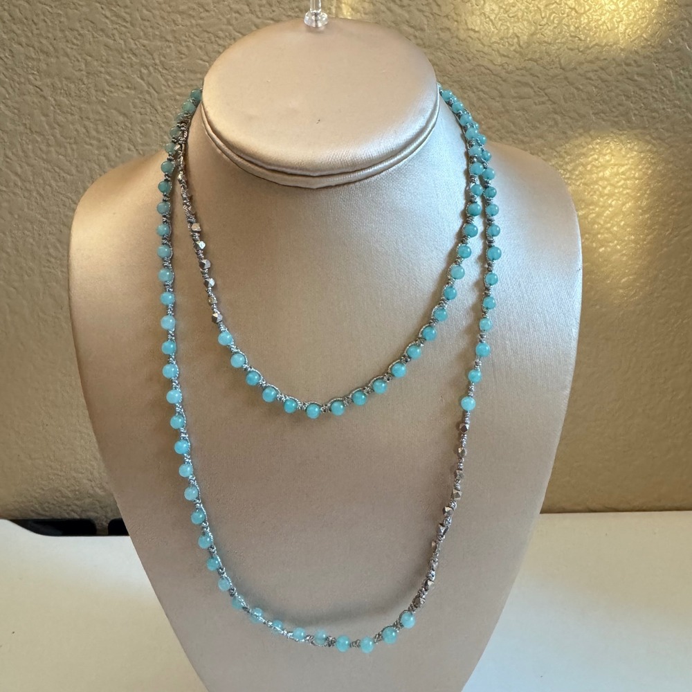 Preah Sterling Silver 925 Beaded Long Necklace Aqua Blue 38 Inch 1990's vintage